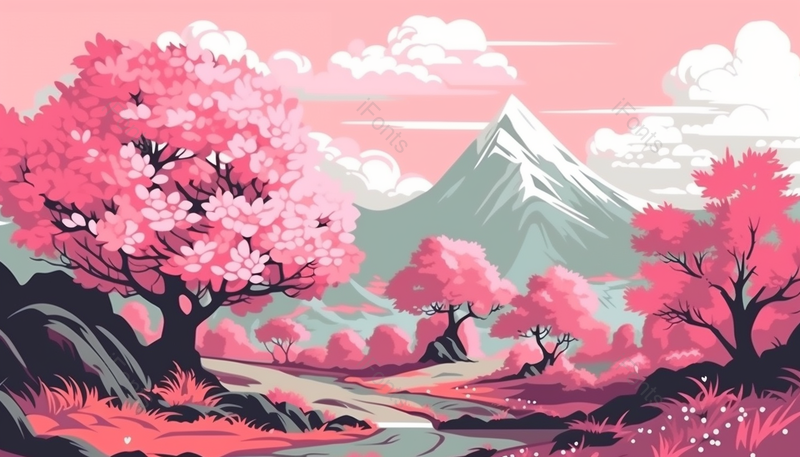 粉色的花草树木远处的云朵和山峰,插画/手绘图,插画/手绘图库,插画/手绘图下载,插画/手绘